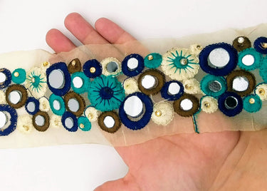 Gold Sheer Tissue Fabric Trim With Blue And Off White Circles and Floral Embroidery With Mirror Embellishments, Indian Mirrored Trim